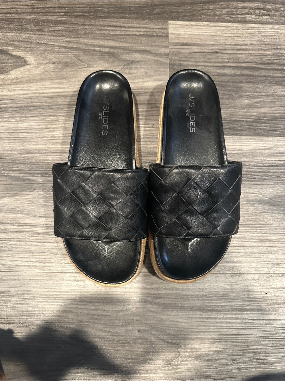 J/SLIDES Black Woven Leather Slide Sandals